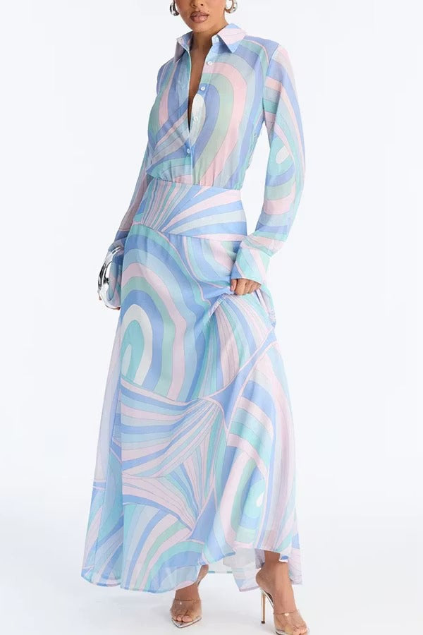 Gianna Chiffon Unique Print Button Long Sleeve Flare Hem Shirt Maxi Dress