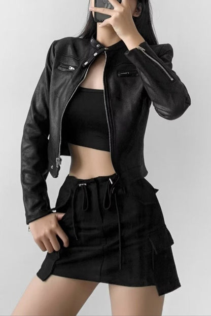 Refined Stand Collar Cropped Moto Jacket