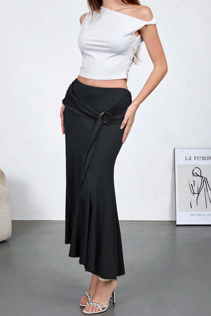 High Waist Wood Veneer Sash Bodycon Skirt