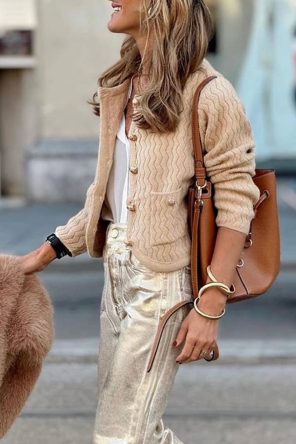 Beige wavy knitted Chanel style cropped cardigan
