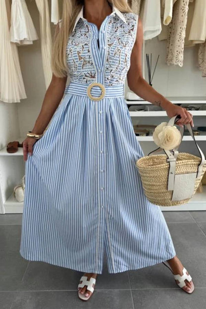 Retro Lace-Trimmed Splicing Striped Print Button-Down Maxi Dress