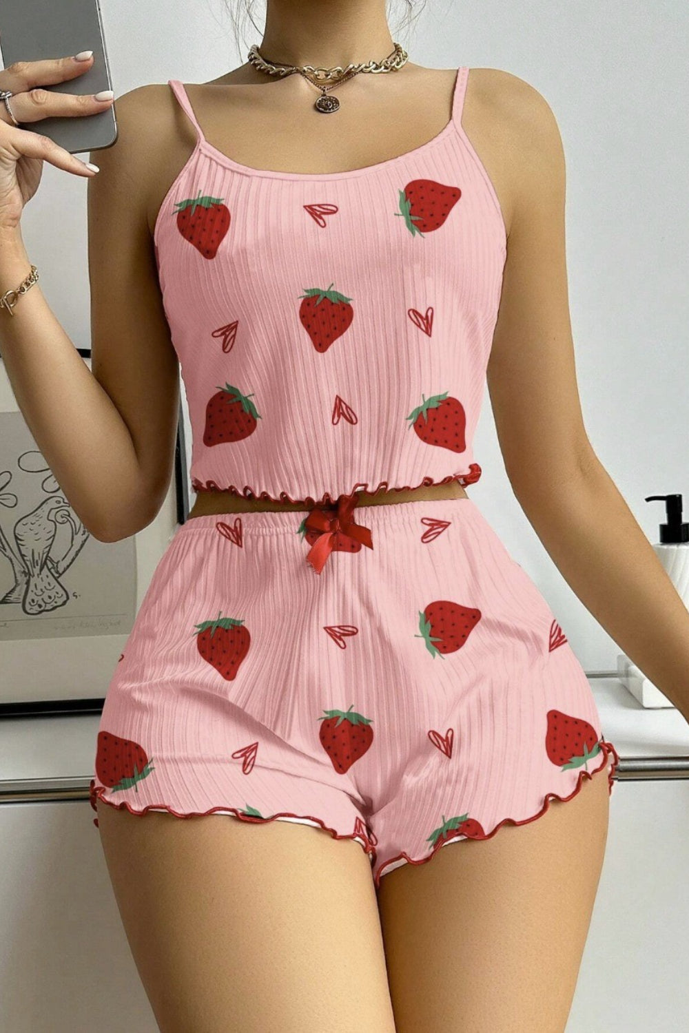 Heart Pattern Ribbed Cami Top Pajama Shorts Set