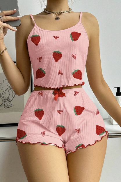 Heart Pattern Ribbed Cami Top Pajama Shorts Set