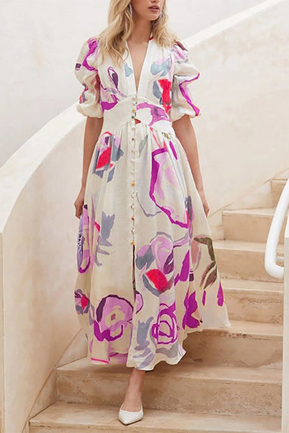 Abstract Watercolor Floral Puff Sleeve Button Maxi Dress