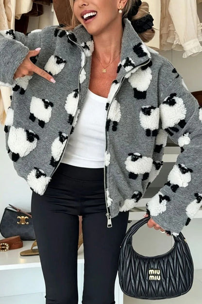Playful Lamb Pattern Teddy Bear Fleece Material Contrast Color Long Sleeve Pocket Zipper Coat