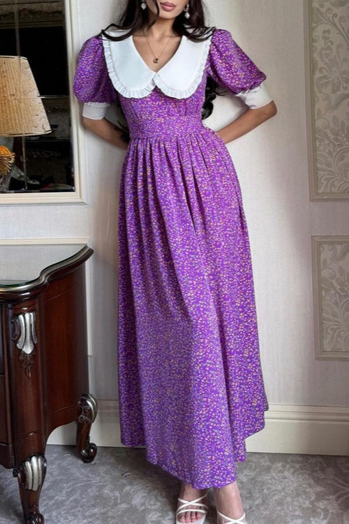 Doll Collar Short Sleeve Tie Waist Maxi Floral Dress