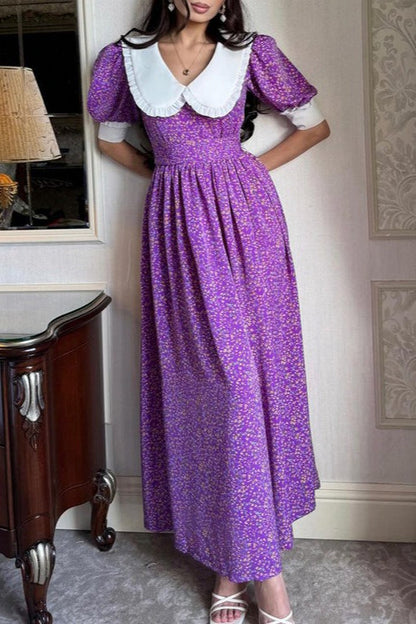 Doll Collar Short Sleeve Tie Waist Maxi Floral Dress