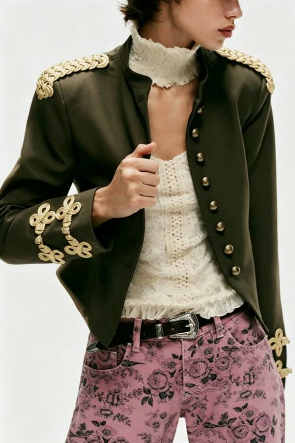 Napoleon Style Retro Rope Knot Decoration Stand Neck Long Sleeve Suit Jacket