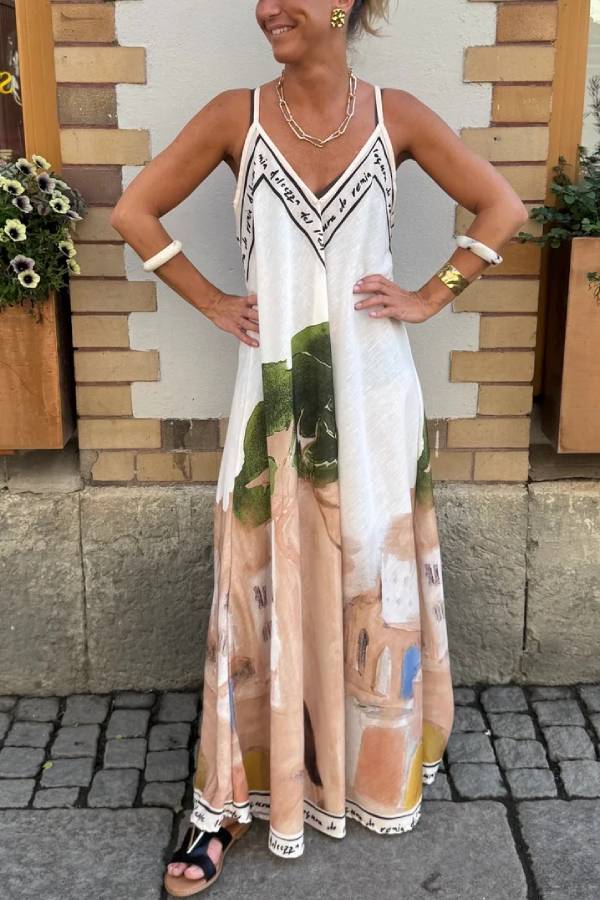 Art Oil Painting Landscape Print V‑Neck Cami Maxi Dress
