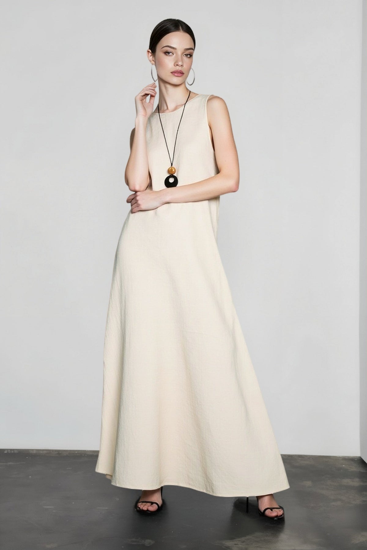 Linen Look Sleeveless Round Neck A-Line Tank Maxi Dress