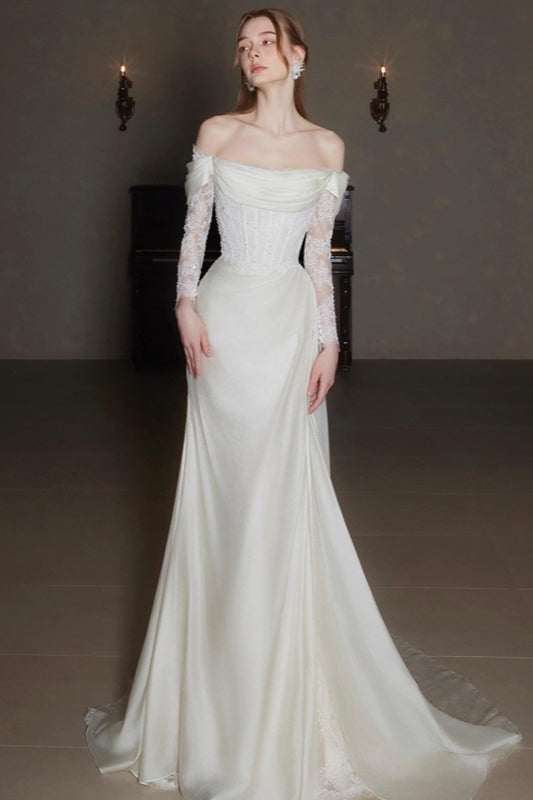 French Off Shoulder Lace Sweep Train Prom Dress