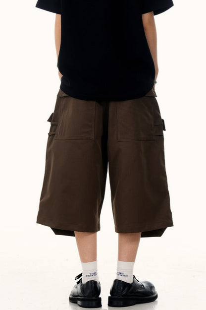 Pleated Wide Leg Cargo Bermuda Jeans