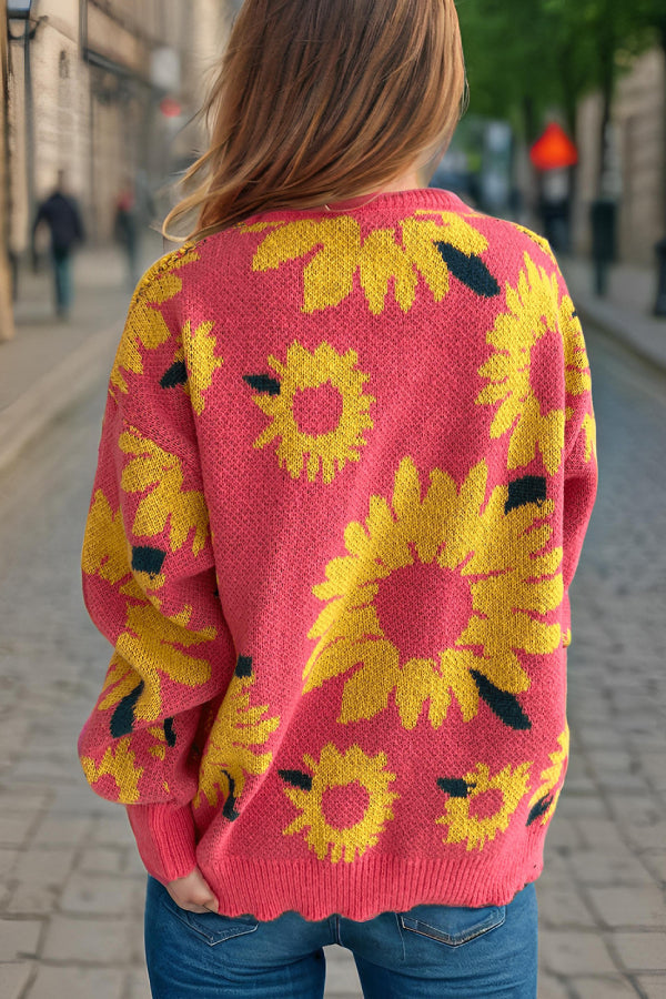 Sunflower Jacquard Crewneck Long Sleeve Knit Pullover Sweater
