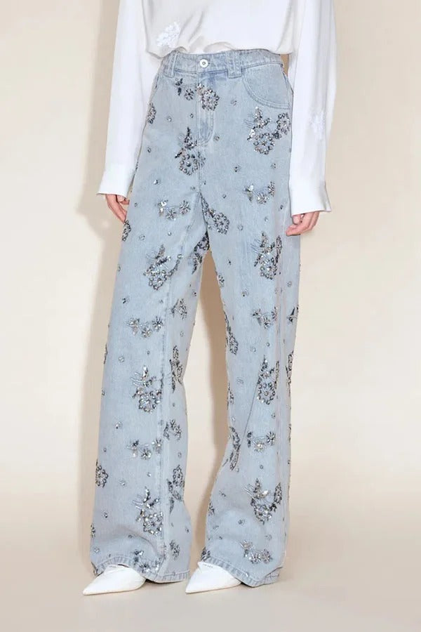 Jhenie Denim Beaded Sequin Floral Pattern Mid Rise Pocket Wide Leg Jeans
