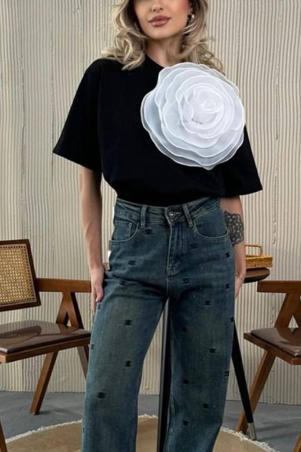 Loose T-shirt Three-dimensional Mesh Camellia Cotton Short-sleeved Top