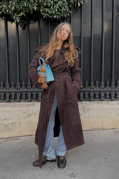 Wool Double Breasted Notched Lapel Tied Waist Overcoat