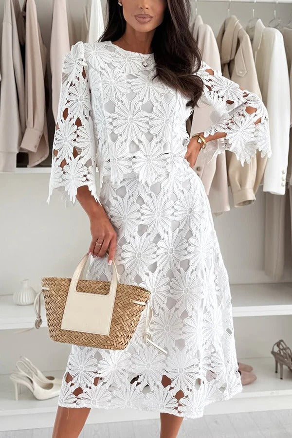 Almina Embroidered Flowers Cutout Bell Sleeve Top and Elastic Waist A-line Midi Skirt Set