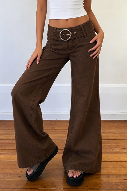 Low Rise Buckle Detail Loose Flare Leg Jeans
