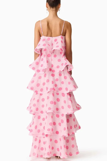 Polka Dot Print Layered Square Neck Suspender Casual A-line Maxi Dress