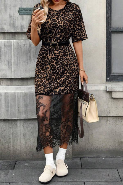 Leopard Print / Polka Dot Patchwork Lace Hem T-Shirt Dress