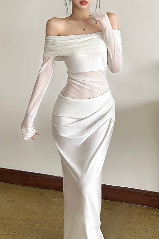 Off Shoulder Sheer Tulle Mesh Slim Fit Elegant Prom Dress