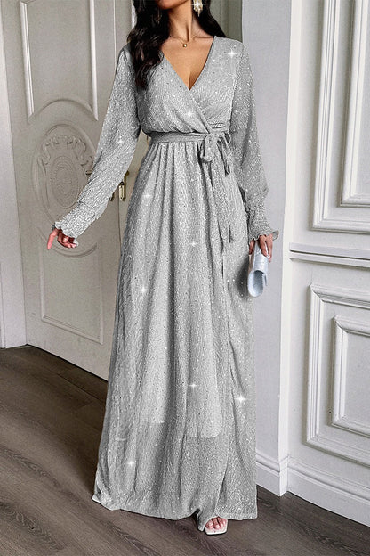 Plisse Long Sleeve Wrap Tie Waist High Slit Maxi Dress