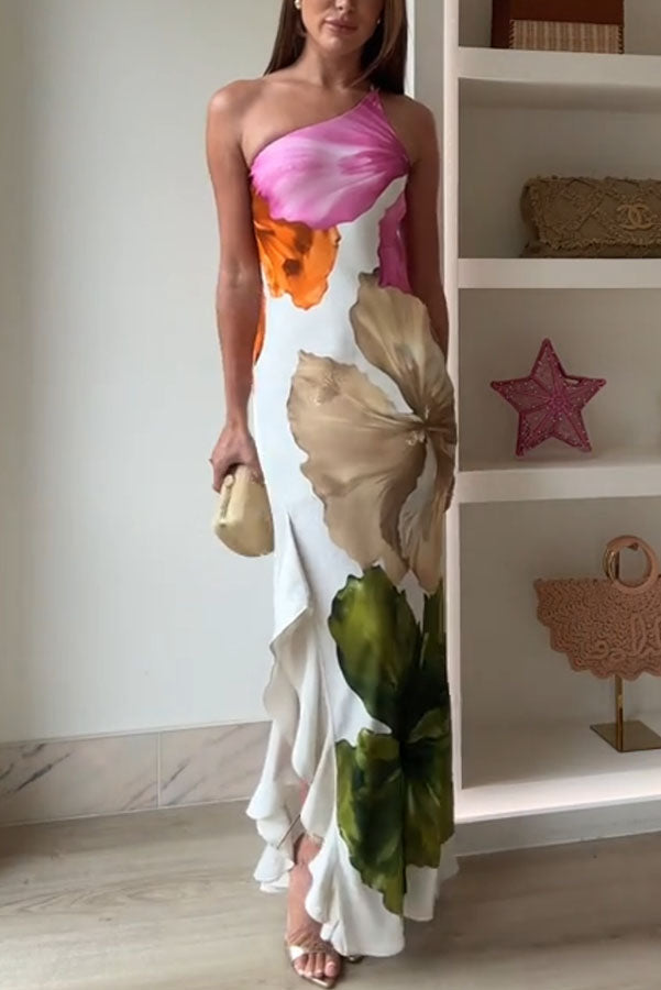Love Filled Floral Print One Shoulder Side Ruffles Maxi Slip Dress