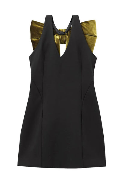 Oversized Velvet Bow Shoulder Open Back Sleeveless Mini Dress