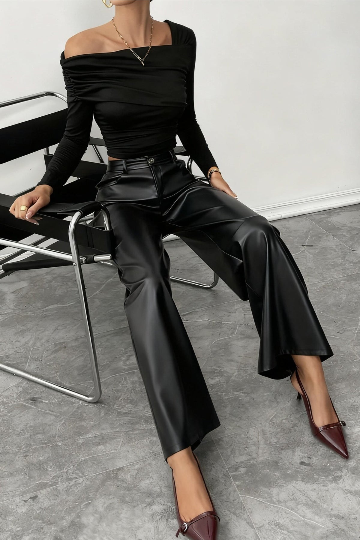 High Waist Fluid Black PU Leather Wide Leg Pants