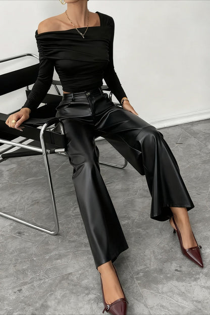 High Waist Fluid Black PU Leather Wide Leg Pants