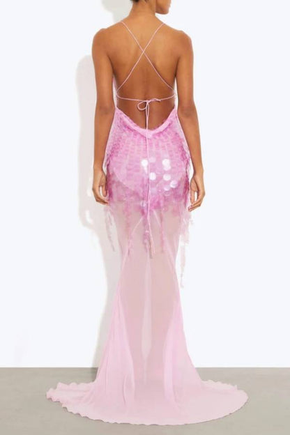 Deep V Neck Sequins Fishtail Hem Backless Gowns Slip Maxi Dresses-Yellow