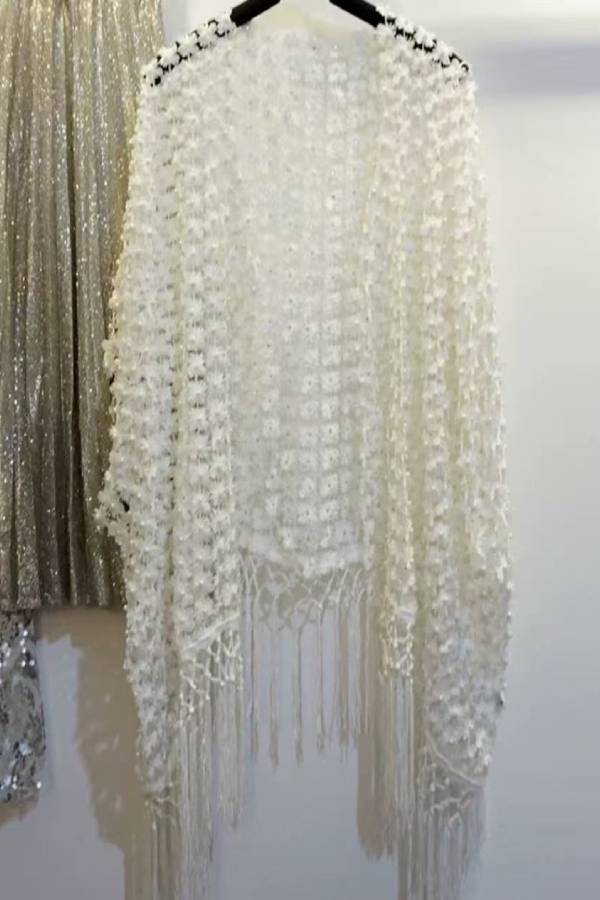 3D Pearl Daisy Tassel Sheer Lace Cape Shawl