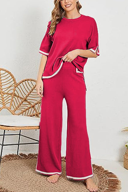 Lounge or Casual Wear Knit Patchwork Color Block Short Sleeve Top and Elastic Wide Leg Pants