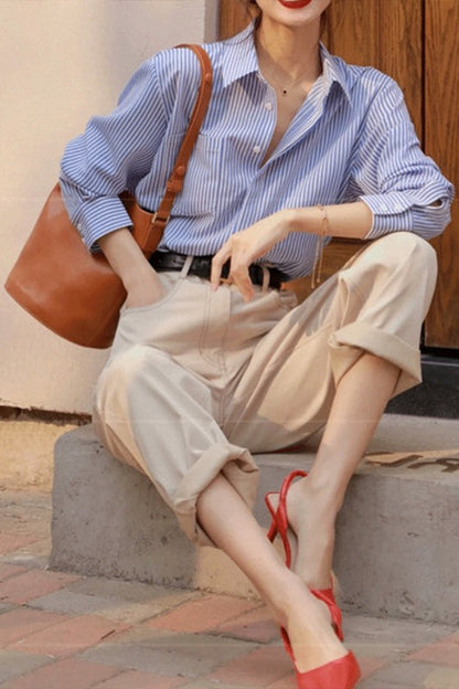 Elegant Blue Stripe Long Sleeve Blouse