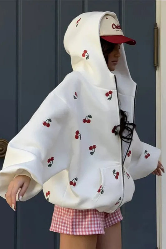 Cherry Print Zip Up Hoodie