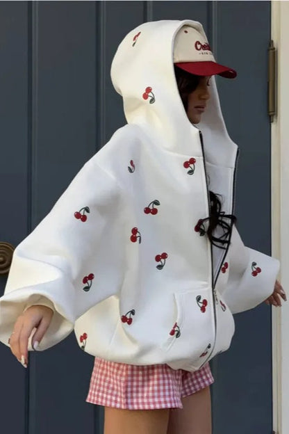 Cherry Print Zip Up Hoodie