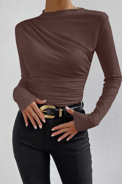 Solid Ruched Slim Fit Long Sleeve Tee