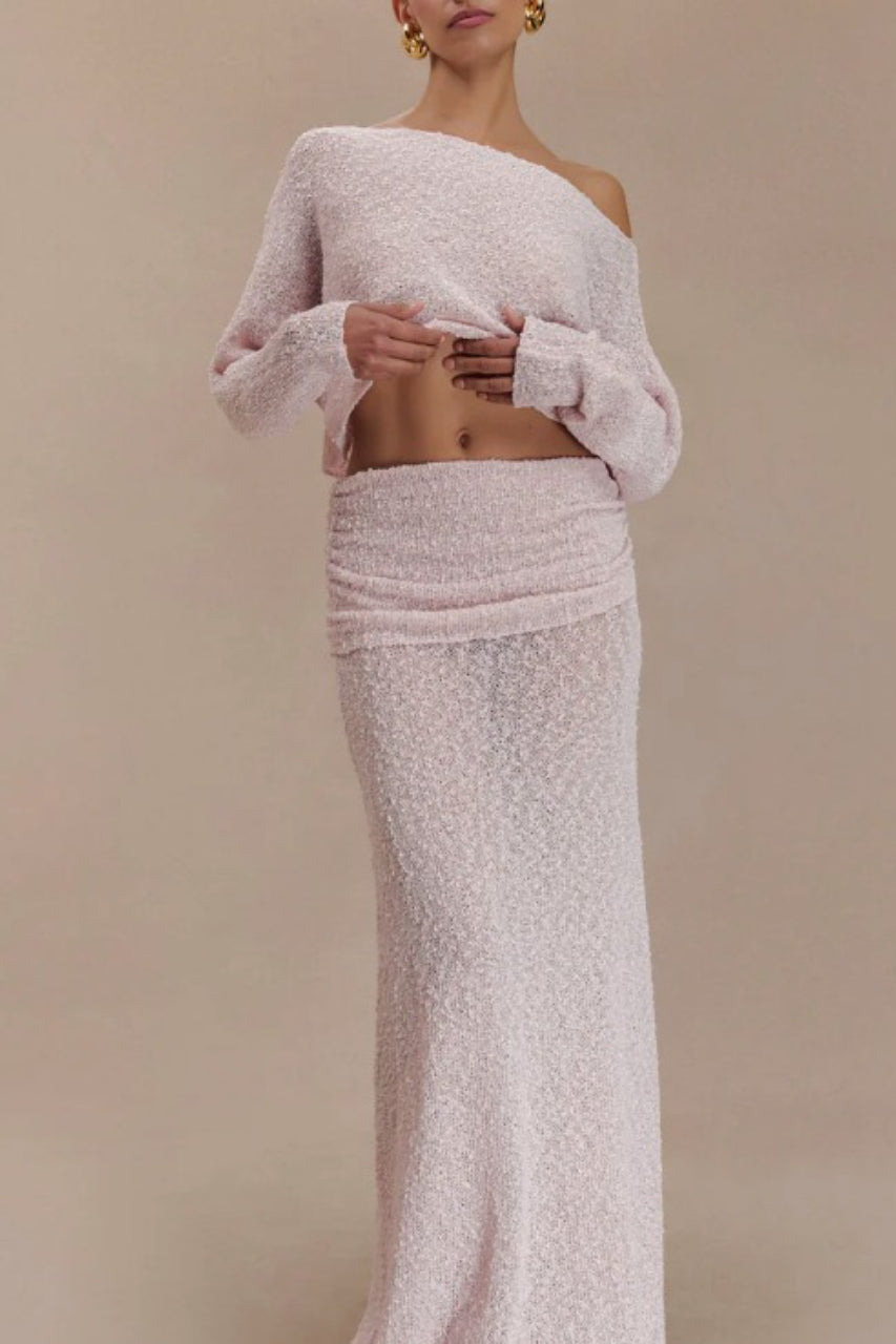 Ribbed Knit Off Shoulder Maxi Skirt Set