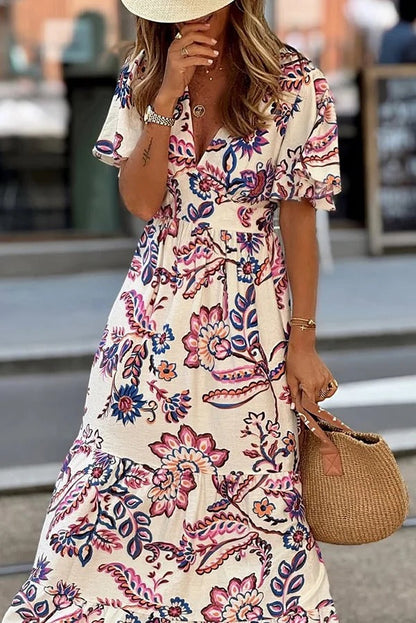 Unique Print V-Neck Waist Holiday Maxi Dress