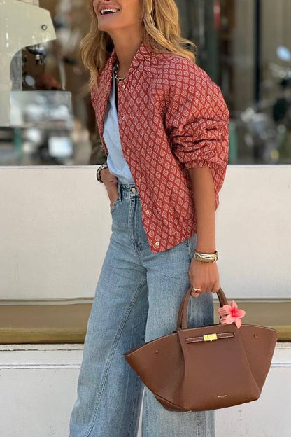 Red and brown paisley print cropped jacket with gold buttons