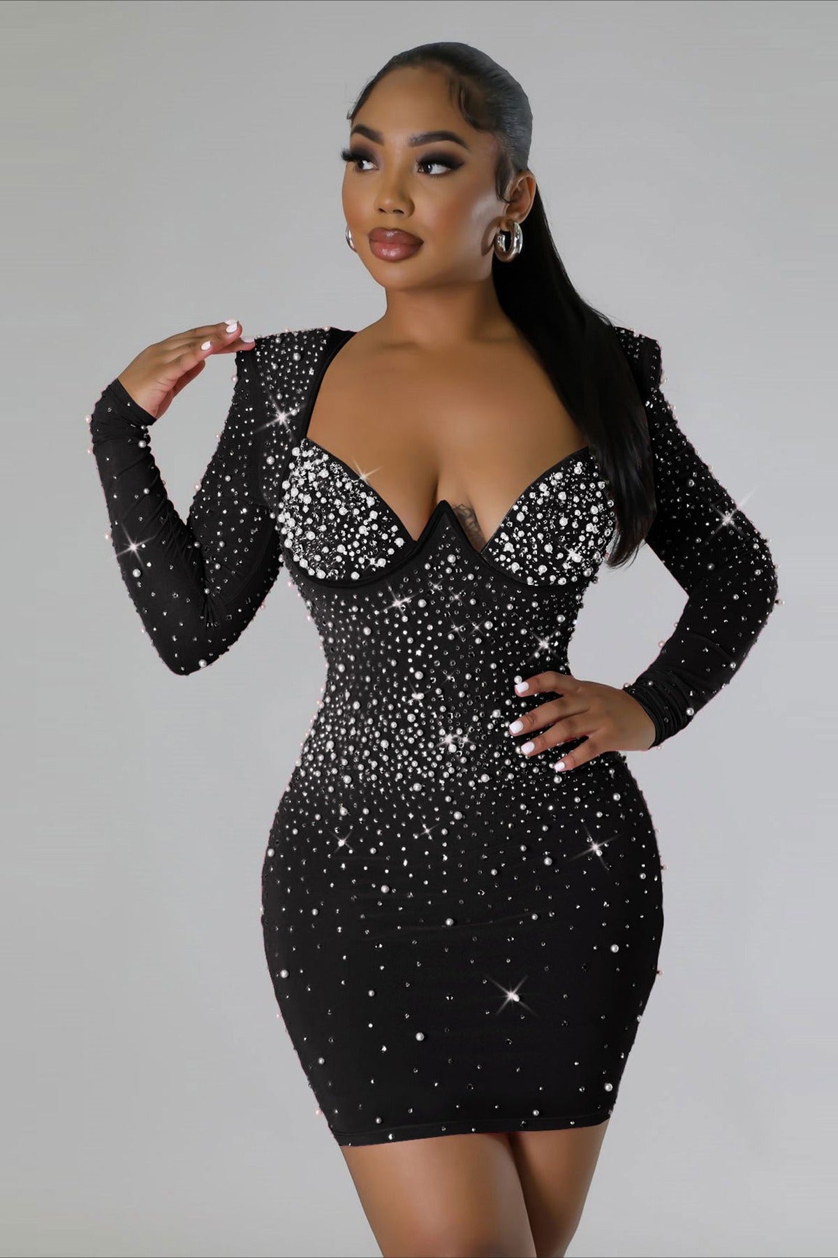 Rhinestone Stretch Bodycon Long Sleeve Cocktail Dress