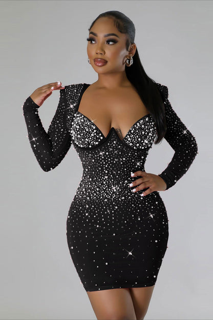 Rhinestone Stretch Bodycon Long Sleeve Cocktail Dress