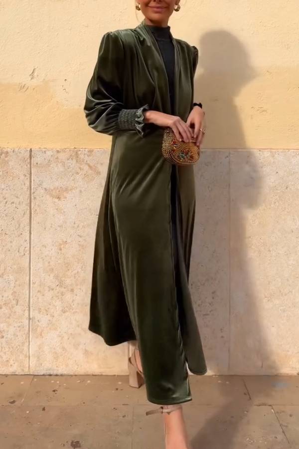 Velvet Puff-Sleeve Stand-Collar Long Coat
