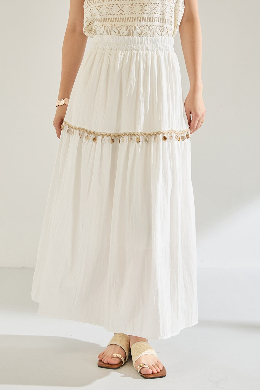 Minimal Shell Detail Fringe Patchwork Boho Skirt