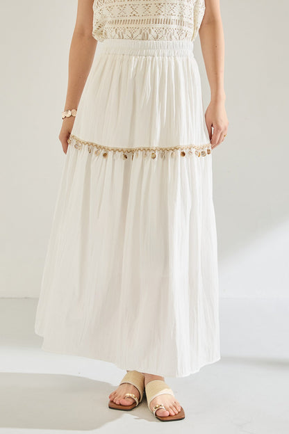 Minimal Shell Detail Fringe Patchwork Boho Skirt