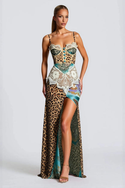 Print Lace Corset Bodice High Slit Maxi Dress