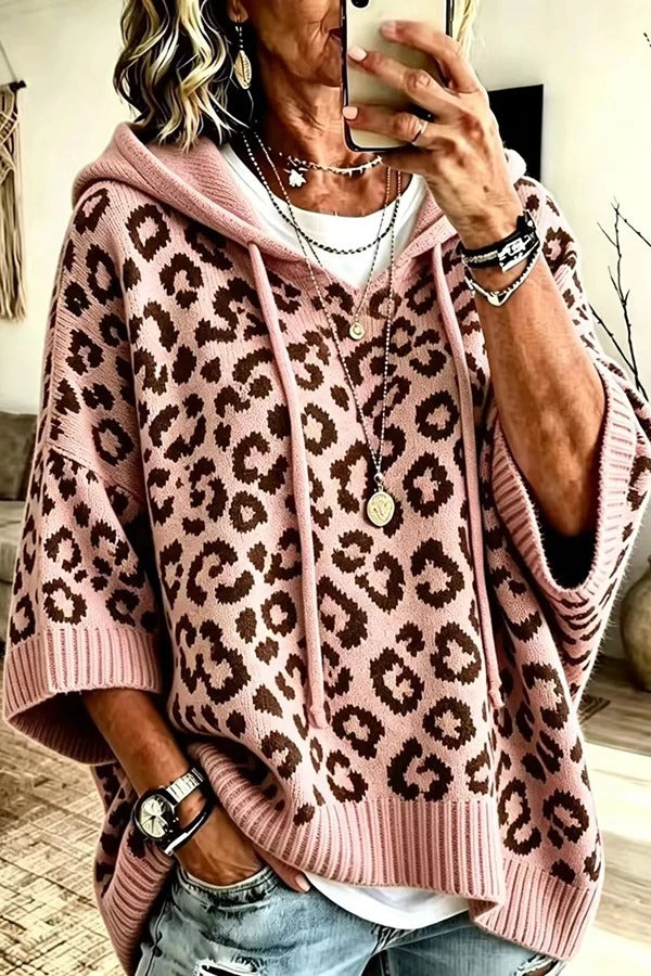 Comfortable and Casual Knit Leopard Print Half Sleeve Hoodie Sweater