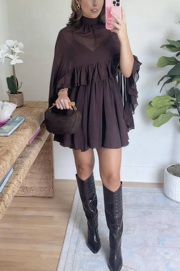 High Neck Sheer Ruffle Trim Cape Mini Dress