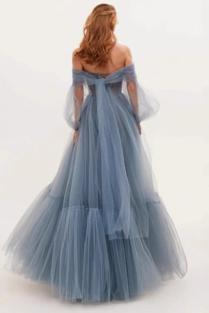 Off Shoulder Mesh Long Sleeve Prom Dress