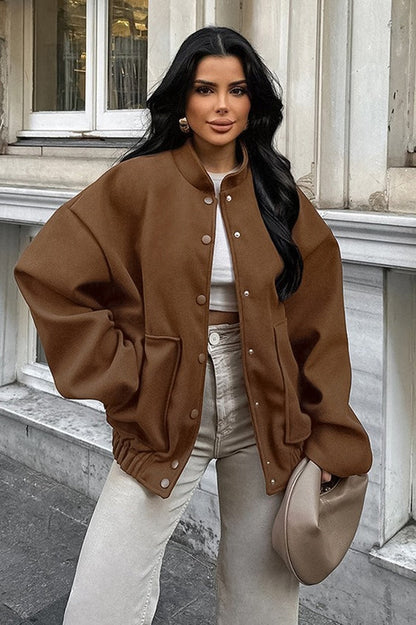 Mocha Brown Wool Blend Stand Collar Coat